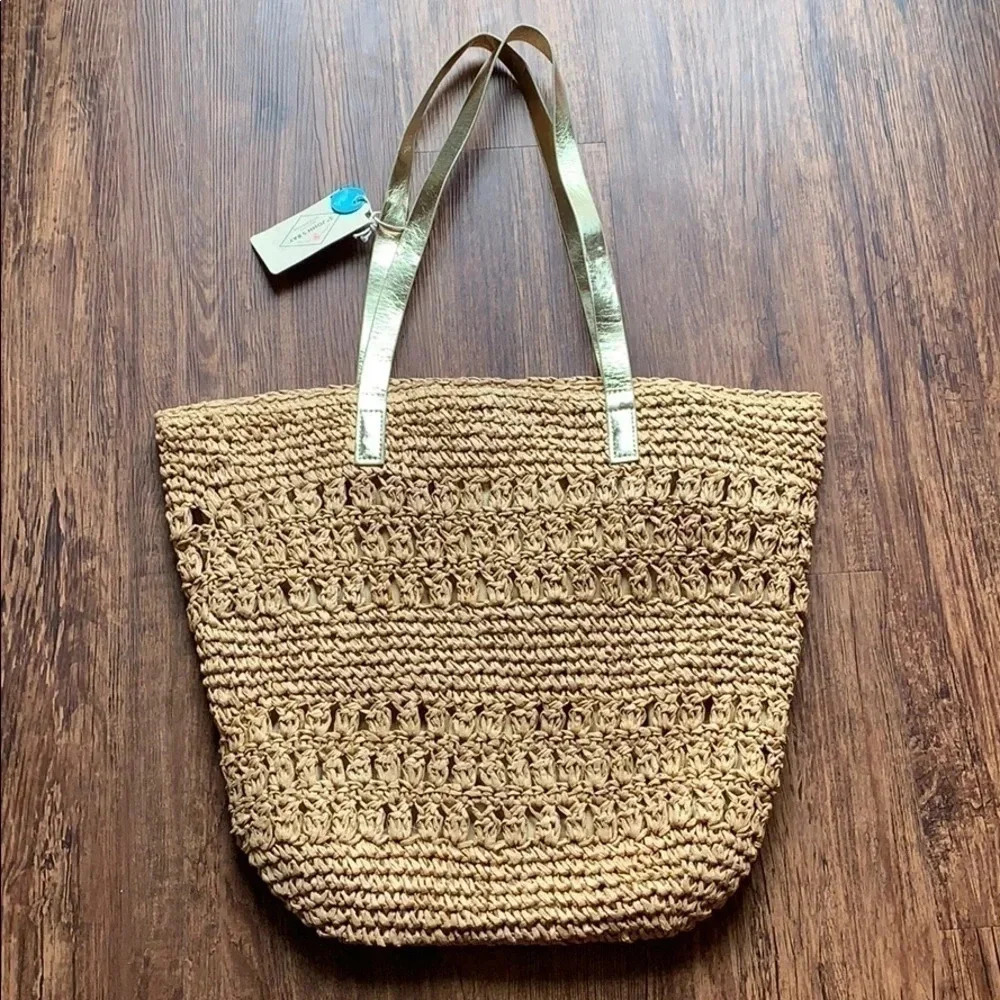 St Johns Bay Woven Rattan Tote Bag Tan Metallic Gold Straps New